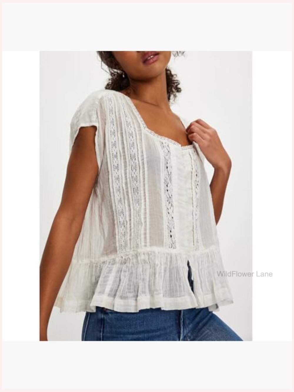 Semi Sheer Lace Trim Button Down Blouse Y2k Streetwear Top - Picture 2 of 4
